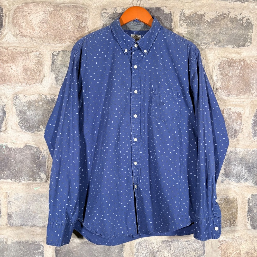 J Crew Mens Blue Allover White Dot Print Button Down Shirt Size XL Casual Office
